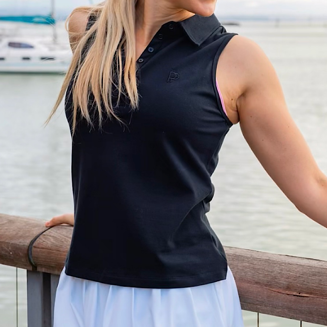 Sleeveless Polo, Pique Cotton Black