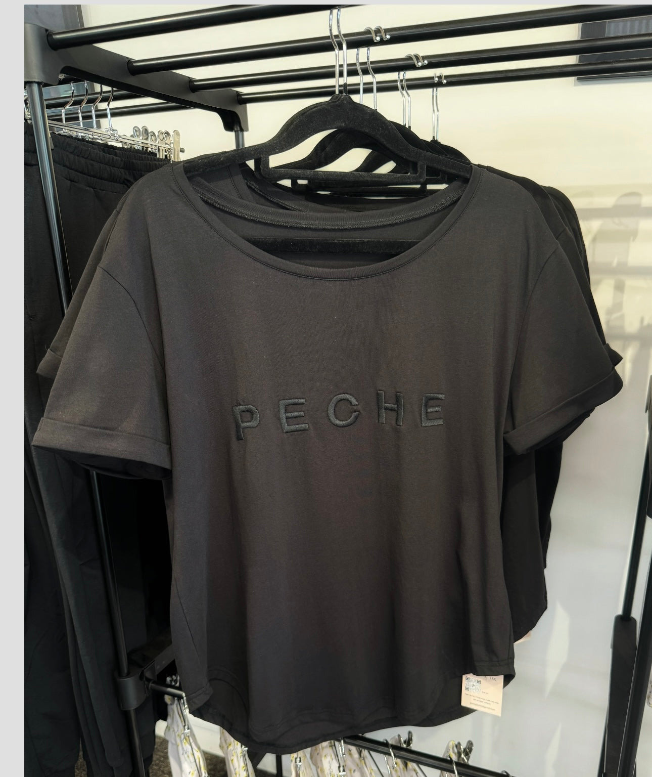 Perky Scoop Hem T-Shirt - Black with Black embroidery